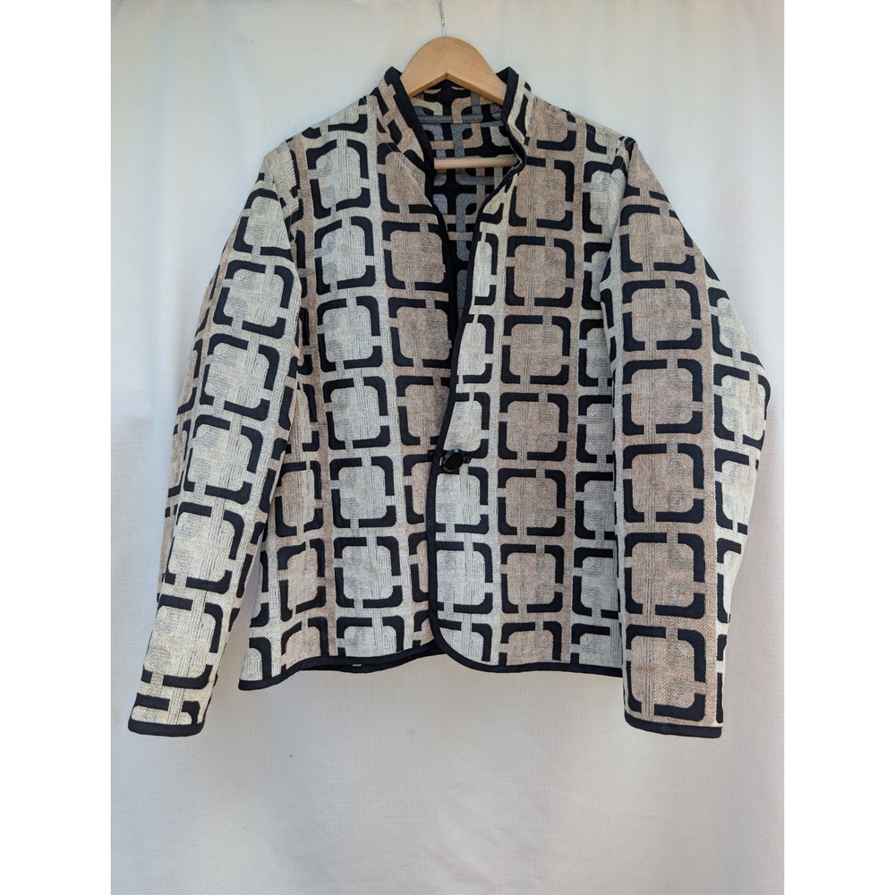 Trimdin Reversible Jacket Womens XL Black Beige Geometric Jacquard Art To Wear